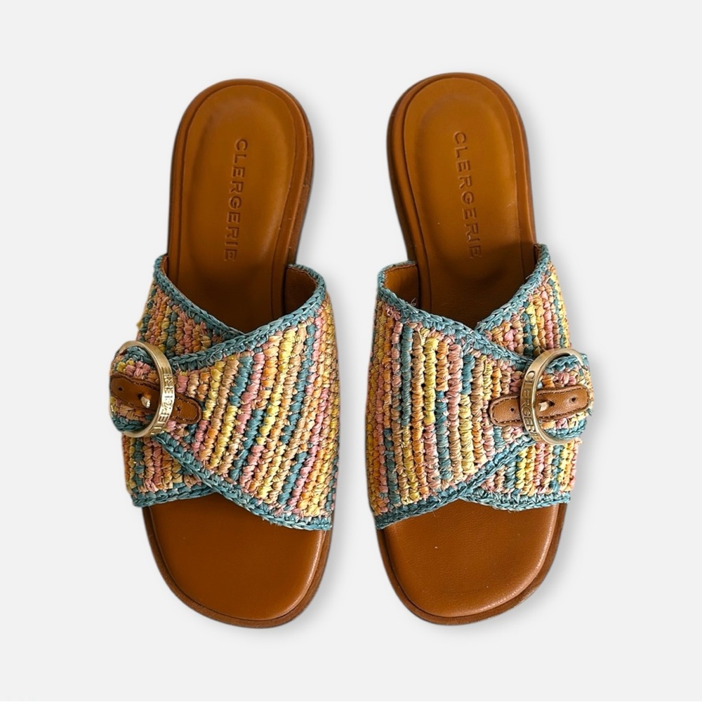 (New) Clergerie Multicolor Woven Raffia Slide Sandals